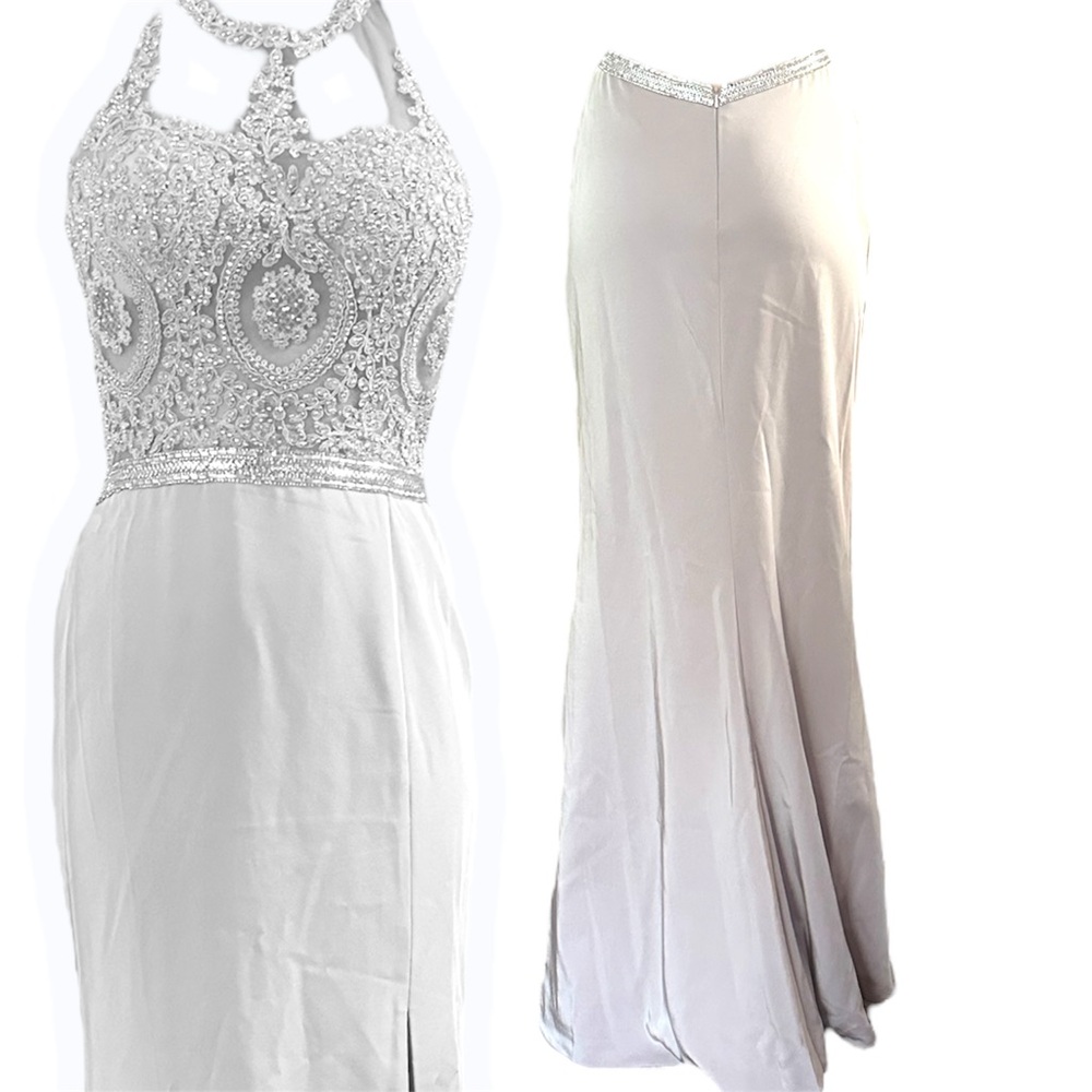 PromGirl beige Backless Dress with Silver Detailing